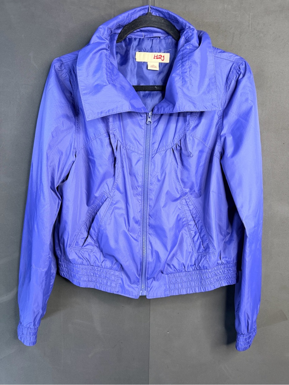 H2j Women’s Vibrant Blue Windbreaker With High Neck Or Wide Collar Size XL Y2K